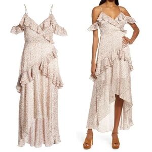 FLORET STUDIOS | Cold Shoulder Asymmetric Ruffle Dress In Rust-Cream | Size XS